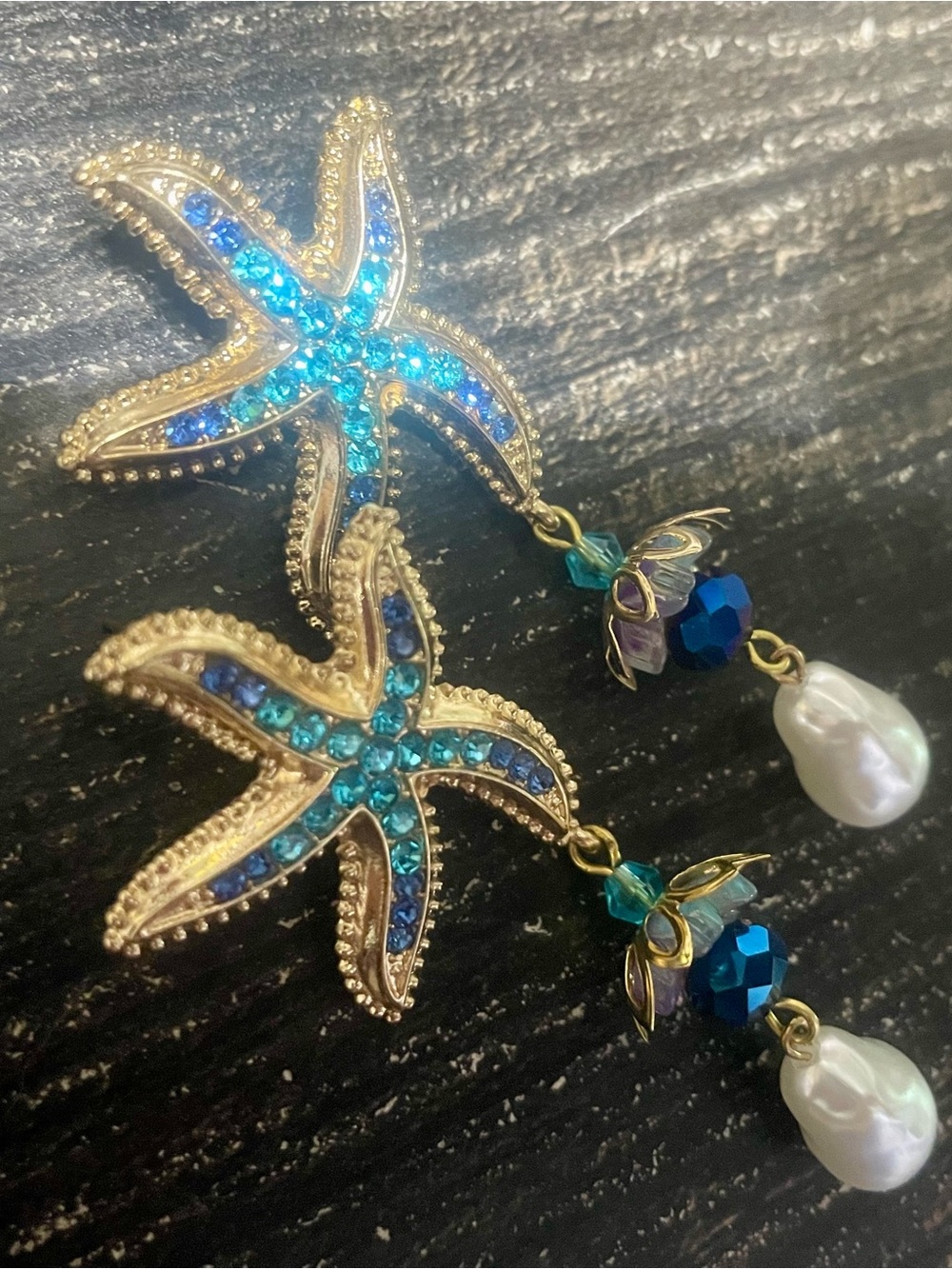 Hand Crafted Gold Starfish Earrings with Blue and Teal Crystals and Pearl Drops